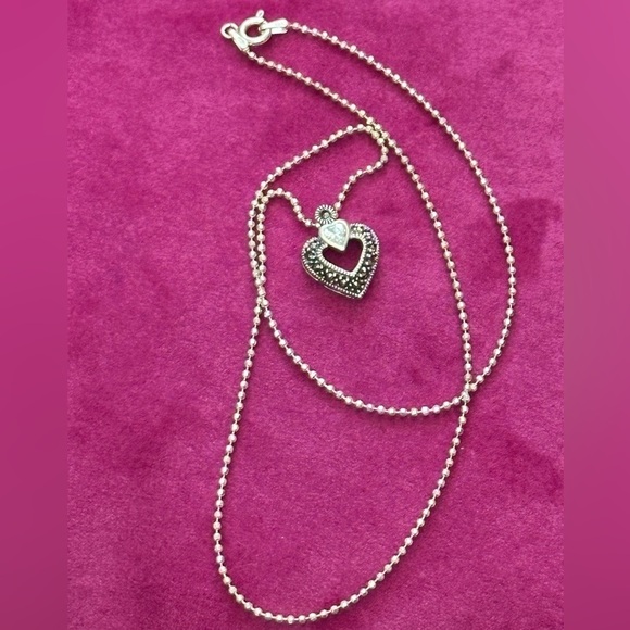 Heart Pendant Sterling Silver Necklace Marcasite 5g 17’ Bead Ball Chain 5511 - Picture 3 of 13